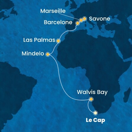 carte Afrique du Sud, Namibia, Cap Vert, Canaries, Espagne, France, Italie, 20 jours