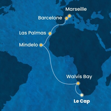 carte Afrique du Sud, Namibia, Cap Vert, Canaries, Espagne, France, 19 jours