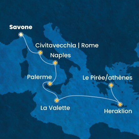 carte Italie, Malte, Grèce, 8 jours