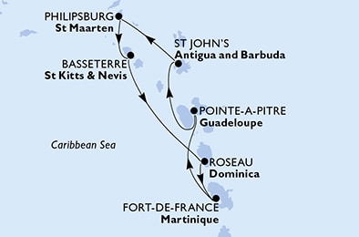 carte Pointe-a-Pitre, St John s, Philipsburg, Basseterre, Roseau, Fort de France, 8 jours