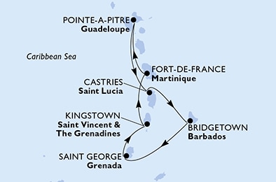 carte Pointe-a-Pitre, Castries, Bridgetown, Saint George, Kingstown, Fort de France, 8 jours