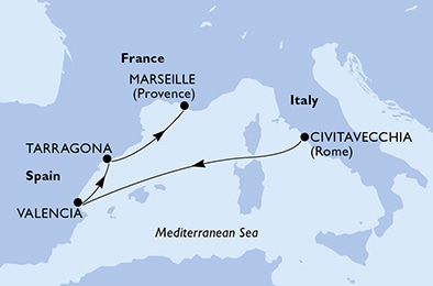 carte Civitavecchia, Valencia, Tarragona, Marseille, 5 jours
