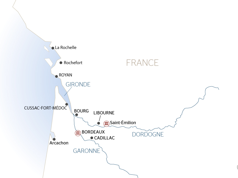 carte L'Aquitaine autrement, Bordeaux, ses fleuves et ses grands crus : une croisière exclusive avec un déjeuner dans un château (formule port-port), 8 jours - BYA_BODPP
