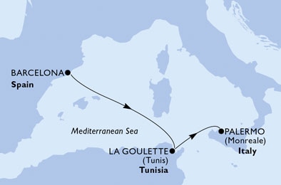 carte Espagne, Tunisie, Italie, 4 jours