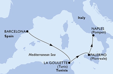 carte Espagne, Tunisie, Italie, 5 jours