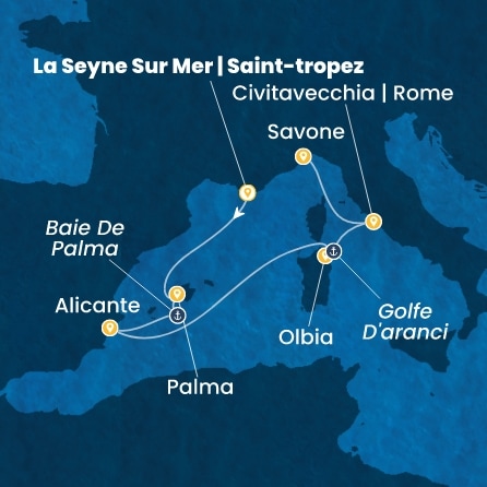 carte France, Baléares, Espagne, Italie, 7 jours