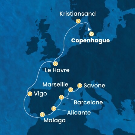 carte Danemark, Norvège, France, Espagne, Italie, 12 jours