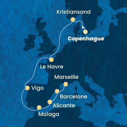 carte Danemark, Norvège, France, Espagne, 11 jours