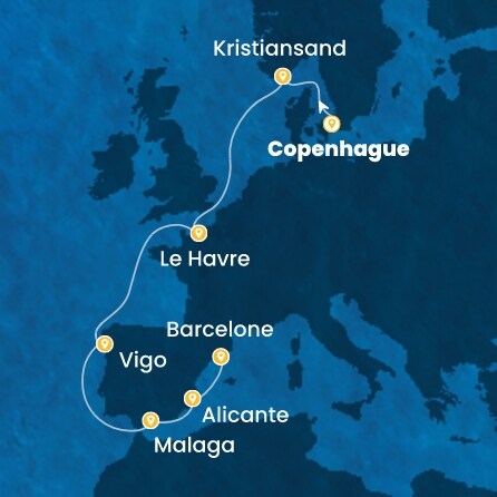 carte Danemark, Norvège, France, Espagne, 10 jours