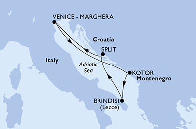 carte Venice-Marghera, Kotor, Brindisi, Split, 6 jours