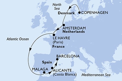 carte Copenhagen, Amsterdam, Le Havre, Malaga, Alicante, Barcelona, 10 jours