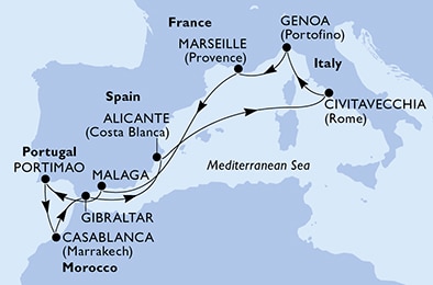 carte Malaga, Portimao, Casablanca, Gibraltar, Alicante, Civitavecchia, 11 jours