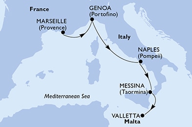 carte Marseille, Genoa, Naples, Messina, Valletta, 5 jours