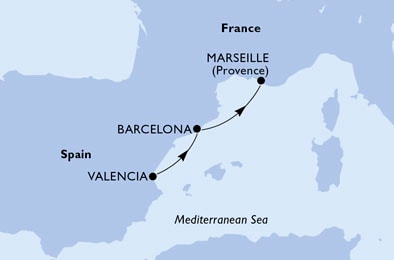 carte Valencia, Barcelona, Marseille, 3 jours