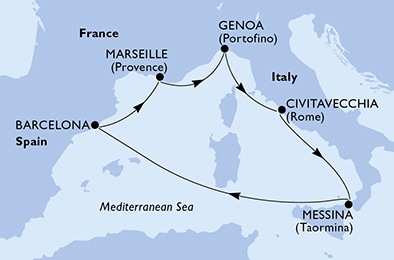 carte MSC Yacht Club - France, Italie, Espagne, 7 jours