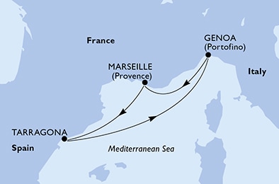 carte MSC Yacht Club - Genoa, Marseille, Tarragona, 5 jours