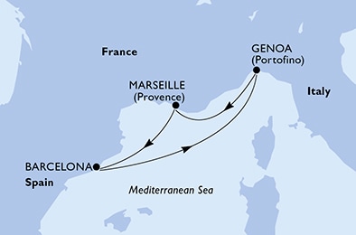 carte MSC Yacht Club - Italie, France, Espagne, 5 jours