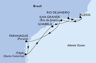 carte MSC Yacht Club - Itajai, Ilhabela, Rio de Janeiro, Buzios, Ilha Grande, Paranaguá, 8 jours