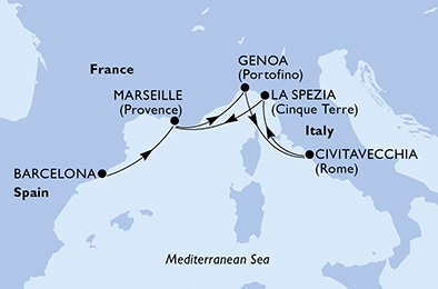 carte Barcelona, Marseille, Genoa, Civitavecchia, La Spezia, 6 jours