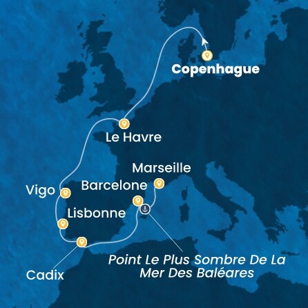 carte Danemark, France, Espagne, Portugal, 11 jours