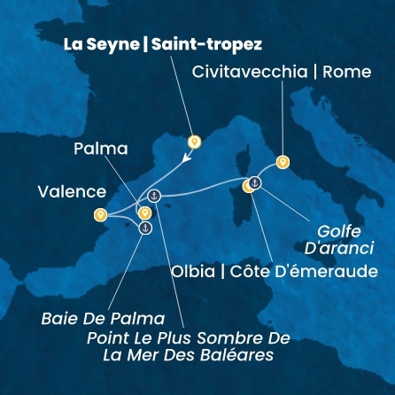 carte France, Baléares, Espagne, Italie, 6 jours