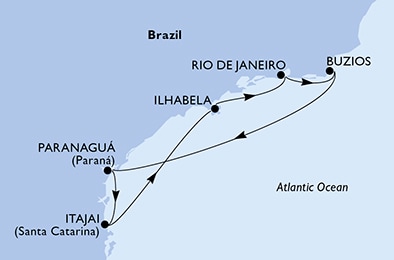 carte MSC Yacht Club - Paranagua, Itajai, Ilhabela, Rio de Janeiro, Buzios, 7 jours