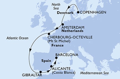 carte Danemark, Hollande, France, Gibraltar, Espagne, 10 jours