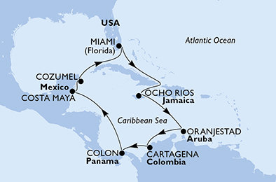 carte *Floride, Jamaïque, Colombie, Panama, Mexique, 14 jours