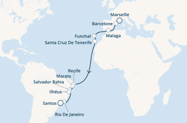 carte *Croisière vers le Brésil avec vol et séjour Rio