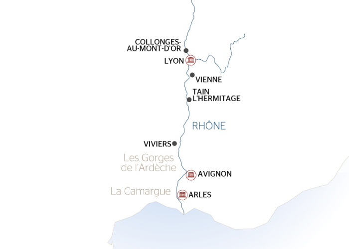 carte Escales incontournables du Rhône entre Lyon, la Camargue et la Provence avec possibilité de dîner chez Paul Bocuse (formule port/port), 7 jours - LMY_PP2