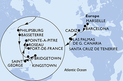 carte *Grand voyage vers les Antilles, 20 jours