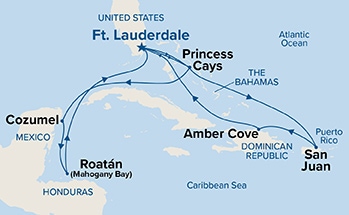 carte Etats-Unis, îles Turques-et-Caïques, Porto Rico, République dominicaine, Bahamas, Honduras, 15 jours