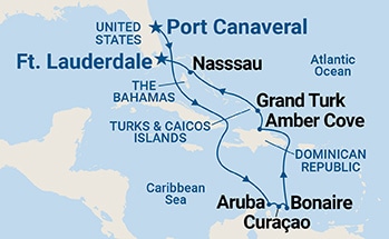carte Etats-Unis, Aruba, Curaçao, Pays-Bas caribéens, République dominicaine, îles Turques-et-Caïques, 13 jours