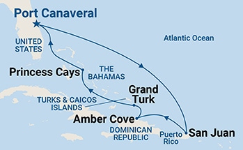 carte Etats-Unis, îles Turques-et-Caïques, Porto Rico, République dominicaine, Bahamas, 9 jours