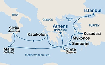 carte Grèce, Italie, Malte, Turquie, 11 jours