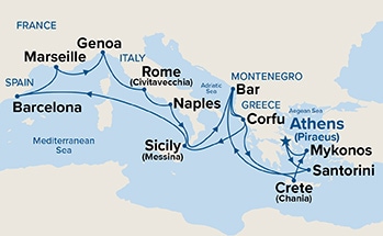 carte Grèce, Monténégro, Italie, Espagne, France, 19 jours