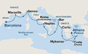 carte Espagne, France, Italie, Monténégro, Grèce, 12 jours