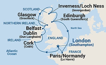 carte Royaume-Uni, Irlande, France, 12 jours
