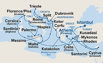 carte Turquie, Grèce, Malte, Italie, France, Monténégro, 33 jours