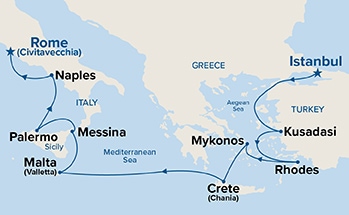 carte Turquie, Grèce, Malte, Italie, 12 jours