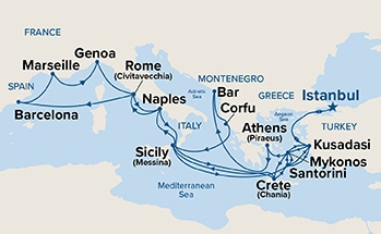 carte Turquie, Grèce, Italie, Espagne, France, Monténégro, 32 jours