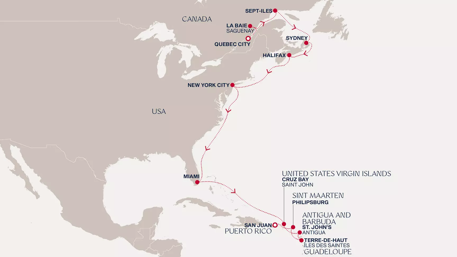 carte Canada, Etats-Unis, îles Vierges des Etats-Unis, Antigua-et-Barbuda, France, Saint Martin, 18 jours