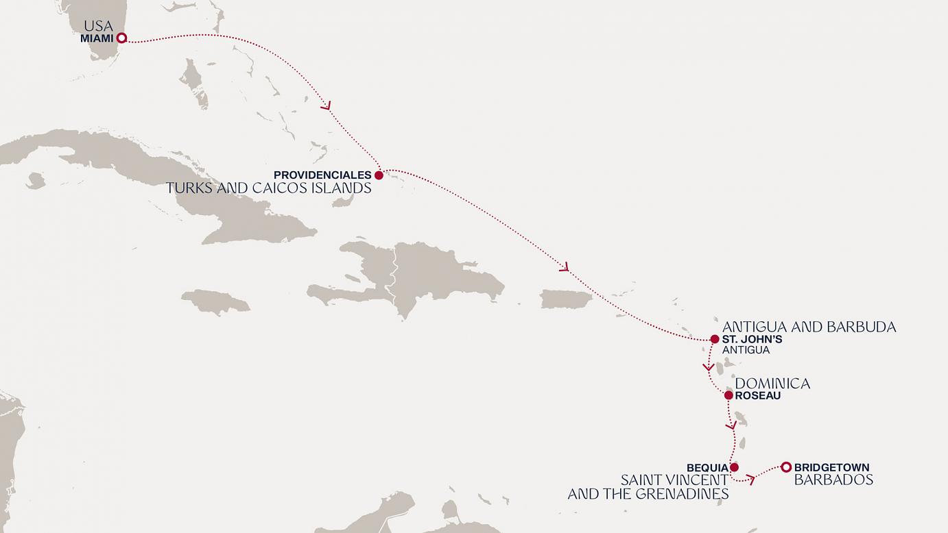 carte Etats-Unis, îles Turques-et-Caïques, Antigua-et-Barbuda, République dominicaine, Saint-Vincent-et-les-Grenadines, Barbade, 8 jours
