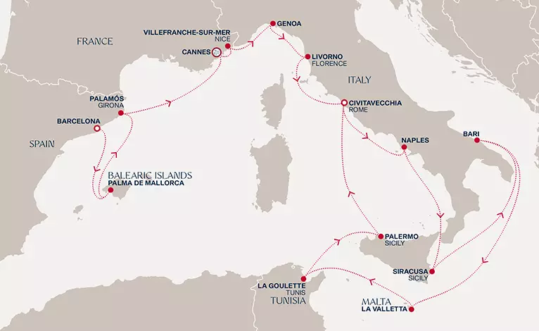 carte Espagne, France, Italie, Malte, Tunisie, 18 jours