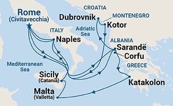 carte Italie, Grèce, Croatie, Monténégro, Albanie, Malte, 15 jours