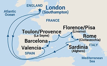 carte Royaume-Uni, Espagne, France, Italie, 15 jours