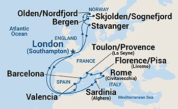 carte Royaume-Uni, Norvège, Espagne, France, Italie, 22 jours