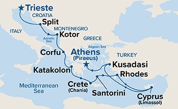 carte Italie, Croatie, Monténégro, Grèce, Chypre, Turquie, 12 jours
