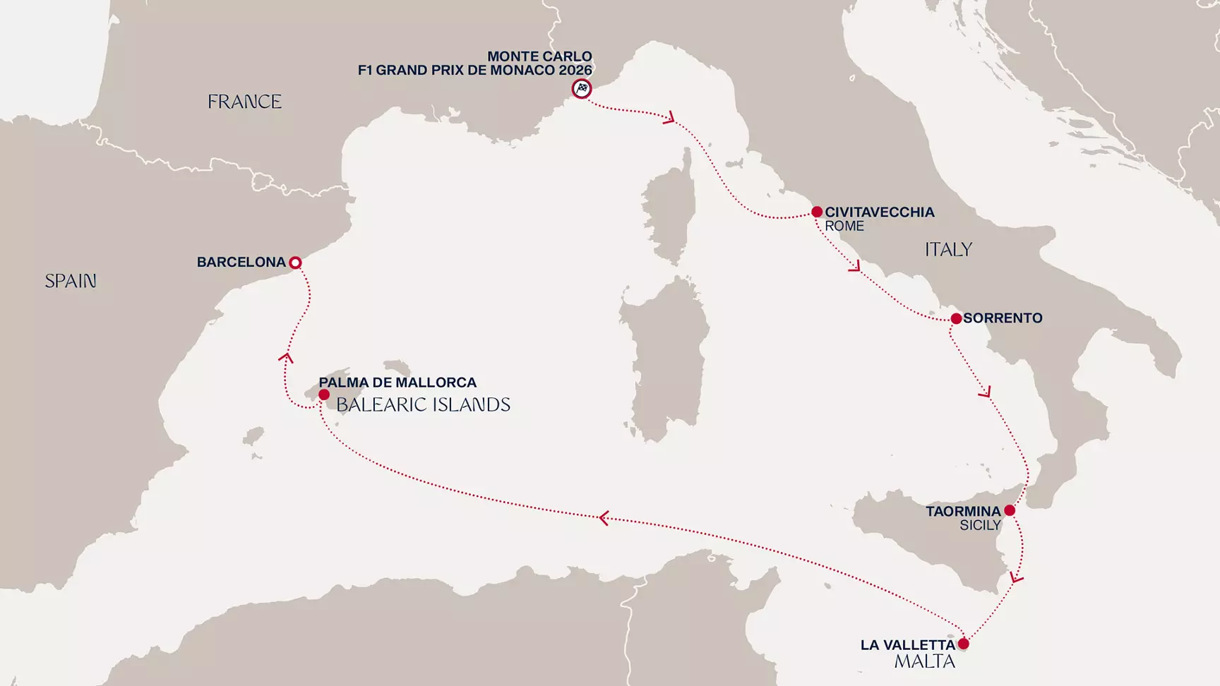 carte Monaco, Italie, Malte, Espagne, 13 jours