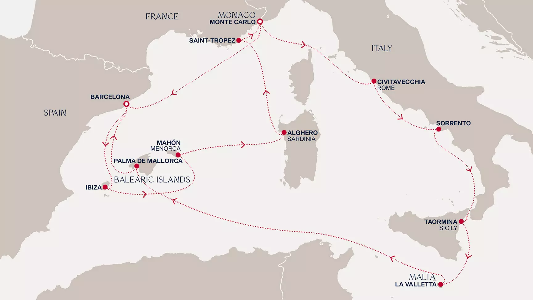 carte Monaco, Italie, Malte, Espagne, France, 15 jours